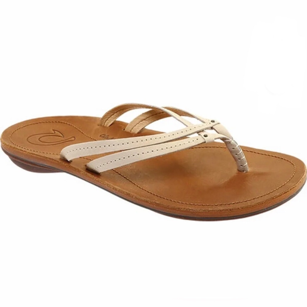 OluKai U’i Cream Leather Braided Thong Flip Flop Sandals Womens Size 6 Boho